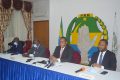 Les Conseillers porte-parole du PDG avec David Ella Mintsa (2e en partant de la droite) lors de conférence de presse, le 18 juillet 2020 à Libreville. © Gabonreview