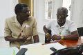 Les porte-paroles du Collectif des anciens agents de Gabon Poste, liquidée dès 2005, Eugène Rembendambya et Patrick Bertrand Mackaya, lors de l’interview, le 4 septembre 2020, à Libreville. © Gabonreview