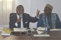 Flavien Enongoué et le Directeur de l’Institut de Recherches en Sciences Humaines (IRSH-Cenarest), Pr Ludovic Emane Obiand lors de la présentation de «L’Afrique dans la chanson gabonaise», le 8 avril à Libreville. © Gabonreview