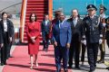 Ali Bongo et son épouse à leur arrivée, le 18 avril 2023, en Chine. © Com. présidentielle