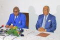 Le président du PSD), Pierre Claver Maganga Moussavou, et le candidat d’Alternance 2023 à la présidentielle d’août 2023, Albert Ondo Ossa, le 31 mai 2024 à Libreville. © GabonReview