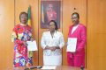 Nadine Eyi, directrice générale des Affaires sociales, le ministre Nadine Nathalie Awanang Anato et Binette Bah Lendoye, présidente de l’Association K’Elle pour Elle, le 9 septembre 2024. © D.R.