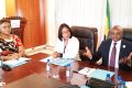 La directrice générale de la CNAMGS, Nadia Christelle Koye, et les ministres Adrien Mougougou et Nadine Nathalie Awanang épse Anato, le 30 janvier 2025. © D.R.