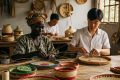 Des artisans chinois et gabonais travaillant du rotin. © GabonReview